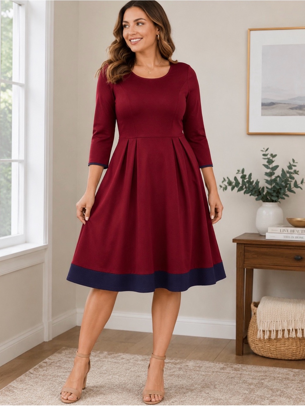 Uttam Boutique Burgundy Colorblock Ponte 3/4 Sleeve Fit & Flare Midi Size M